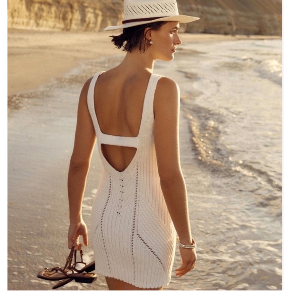 Anthropologie Ivory Pointelle Crochet Open Back Mini Dress Size Large